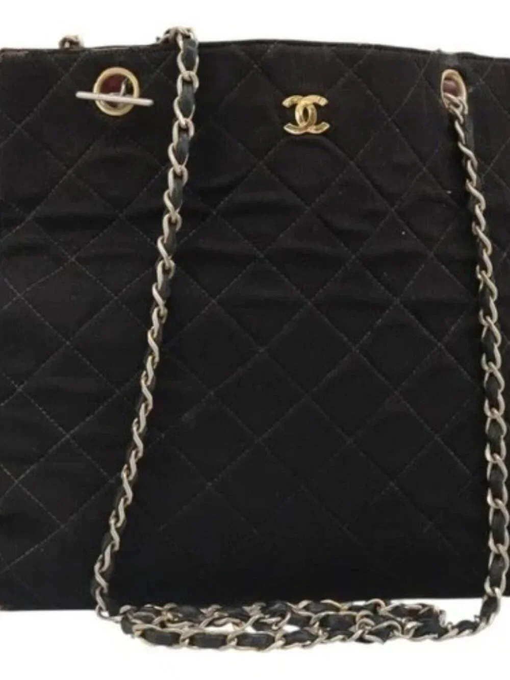 CHANEL Chain Shoulder Bag Cotton Black Gold CC Auth 186834